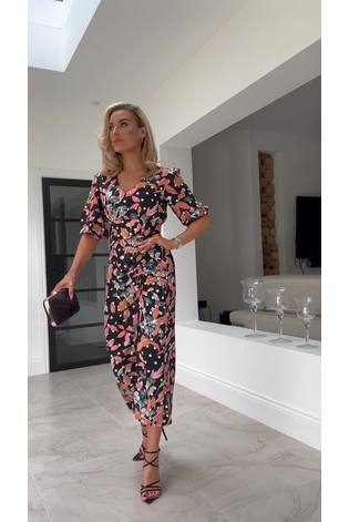 Girl In Mind Black Spot Floral Amelia Black Floral Ruched Detail Midi Dress - Image 2 of 5
