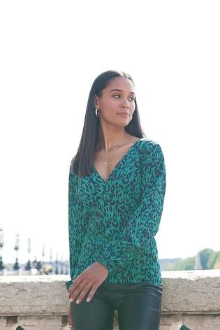 Sosandar Green Animal Print Fitted Ruched Back Top - Image 2 of 6
