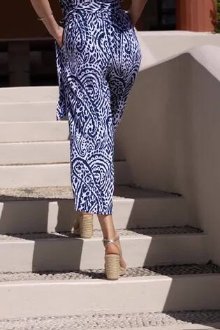 Sosandar Blue Paisley Print Tie Waist V Neck Culotte Jumpsuit - Image 2 of 6