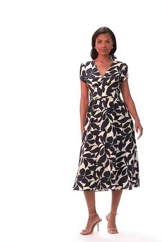 Roman Blue Leaf Print V-Neck Midi Dress - Image 2 of 6