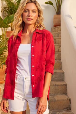 Roman Red Floral Embroidered Collared Shirt - Image 2 of 7