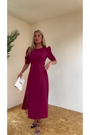 Girl In Mind Burgundy Red Adelyn Frill Sleeve Leg Split Midi Dress - Image 2 of 6