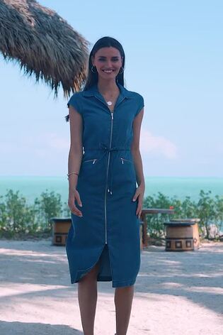 Buy Sosandar Blue Drawstring Waist Zip Front Midi Denim Dress from