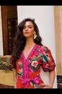 Lipsy Pink/Orange Leaf Print V-Neck Puff Sleeve Belted Playsuit - Image 2 of 6