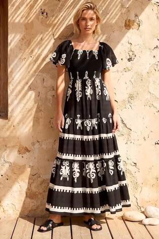 Vestido midi franzido com estampa de borda Roman - Imagem 2 de 5