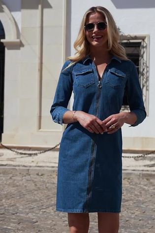 Sosandar Blue Zip Front Denim Shift Dress - Image 2 of 5