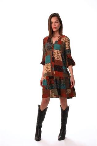 Roman Green Paisley Patchwork Print V-Neck Smock Dress - Image 2 of 6