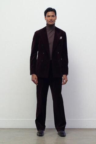 Reiss Chocolate Brown Royale Double-Breasted Velvet Blazer Slim-Fit - Image 2 of 12