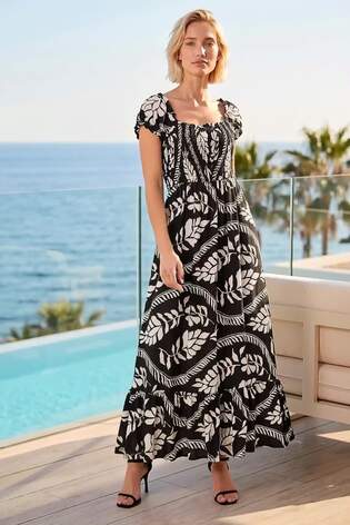 Roman Black/White Leaf Print Shirred Maxi Dress - Image 2 of 5