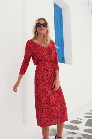 Buy Sosandar Red Animal Print V Neck Jersey Midi Dress from Next Luxembourg