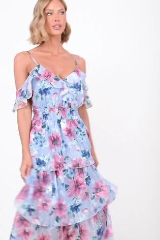 Quiz Blue Floral Chiffon Cold Shoulder Tiered Midi Dress - Image 2 of 5