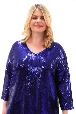 Roman Blue Curve Sparkle V-Neck Stretch Tunic Top - Image 2 of 8