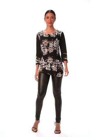Roman Brown Floral Print Lace Asymmetric Hem Top - Image 2 of 6