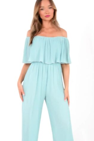 Buy Quiz Mint Green Chiffon Bardot Pleated Tiered Palazzo Jumpsuit from Next Luxembourg