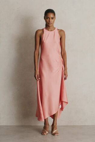 Satin Shirred Midi Dress in Coral - Image 2 of 6
