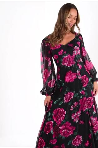 Buy Quiz Black Pink Floral Chiffon Long Sleeve Sweetheart Neck Maxi Dress from Next Germany