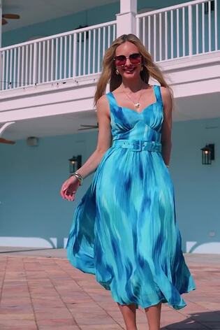 Sosandar Blue Floral Print Belted Pleated Dress - Image 2 of 6