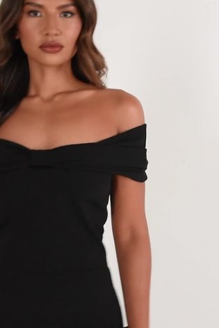 Black bardot frill hem midi dress 2025