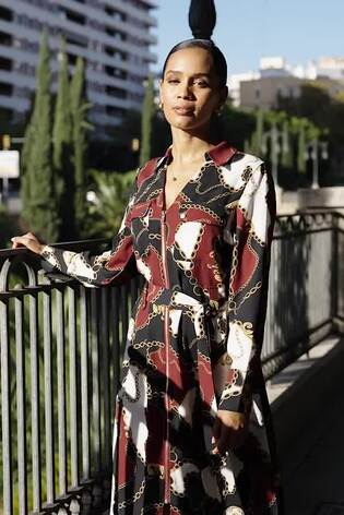 Sosandar Red Multi Print Zip Front Belted Midi Dress - Image 2 of 5
