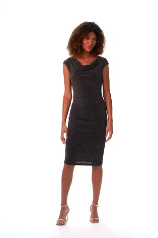 Gri - Rochie Roman Shimmer Stretch cu Guler căzut drapat - Imaginea 2 din 6