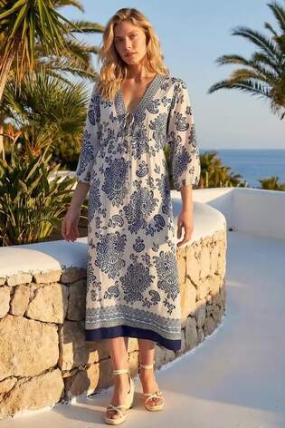 Roman Blue Border Print V-Neck Midi Dress - Image 2 of 5