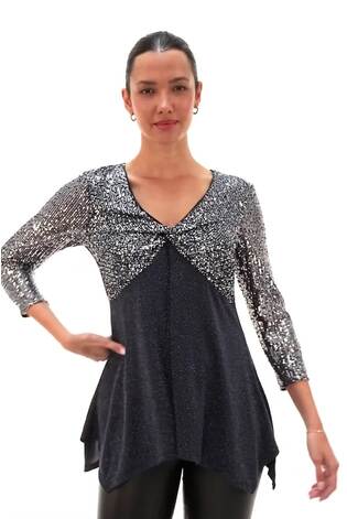 Roman Blue Sequin Bodice V-Neck Stretch Tunic Top - Image 2 of 6