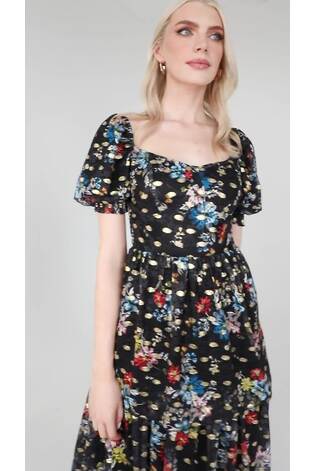 Lovedrobe Blue Foil Printed Lace Tiered Hem Midaxi Dress - Image 2 of 5