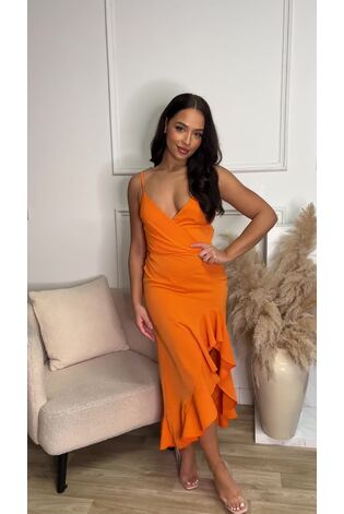 AX Paris Orange Frill High Low Midi Dress - Image 2 of 5