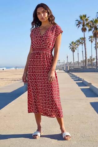 Roman Red Geo Print V-Neck Stretch Midi Dress - Image 2 of 7