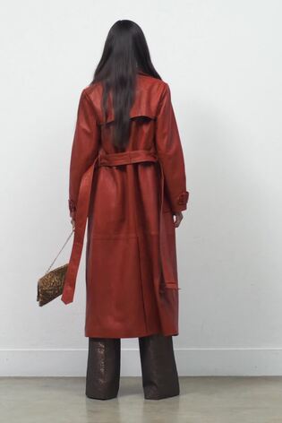 Leather Double-Breasted Trench Coat in Tan - Image 2 of 8