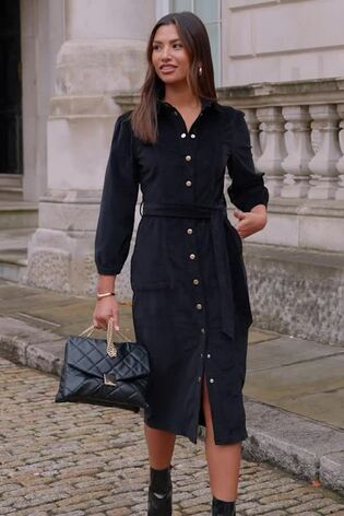 Sosandar Black Velvet Puff Sleeve Popper Front Midi Dress - Image 2 of 6 Sosandar Black Velvet Puff Sleeve Popper Front Midi Dress - Image 2 of 6