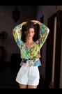 Lipsy Green Tropical Print Bardot Puff Sleeve Blouse - Image 2 of 5