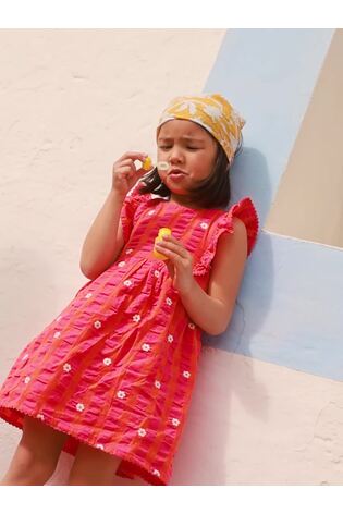 JoJo Maman Bébé Bright Pink Daisy Frill Shoulder Embroidered Dress - Image 2 of 6