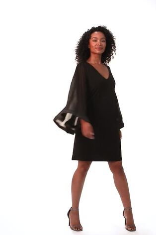 Roman Black Petite V-Neck Pleat Sleeve Shift Dress - Image 2 of 6