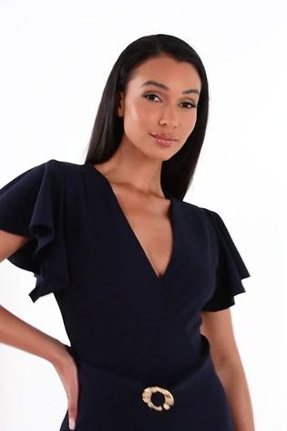 Quiz Navy Blue Wrap Belt Detail Frill Midi Dress - Image 2 of 6