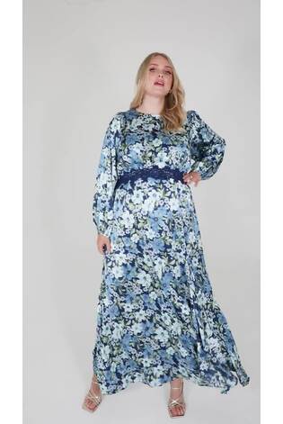 Lovedrobe Blue Floral Print Satin Maxi Dress with Lace Trim - Image 2 of 5