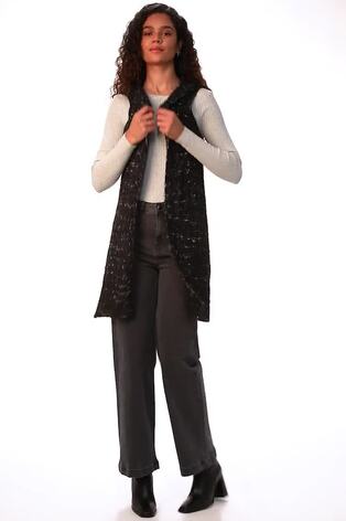 Roman Black Textured Fluffy Knit Hooded Gilet - Image 2 of 6