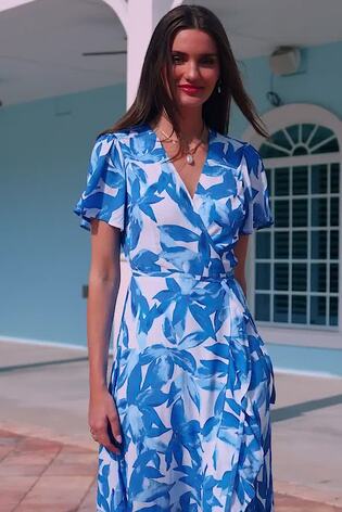 Sosandar Blue Floral Print Ruffle Hem Wrap Dress - Image 2 of 6