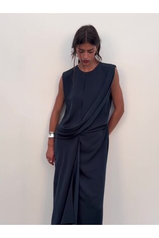 Dəniz - Atlaz Qolsuz Draped Midi Don - 6şəkildən 2 şəkil