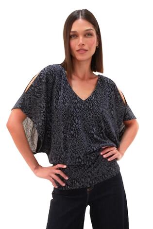 Roman Blue Glitter Animal Print Banded Hem Stretch Top - Image 2 of 6