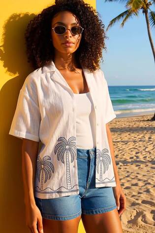 Roman White Palm Embroidered Shirt - Image 2 of 6
