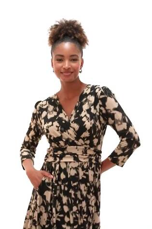 Roman Natural Abstract Floral Wrap Midi Dress - Image 2 of 6