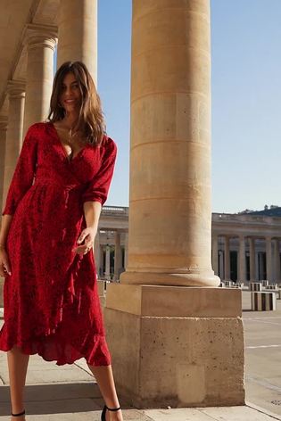 Buy Sosandar Red Animal Print Ruffle Hem Midi Wrap Dress from Next Luxembourg