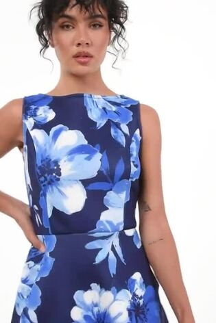 Quiz Blue Floral High Neck Dip Hem Dress