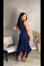 AX Paris Navy Blue V-Neck Pleated Skirt Belted Waist Midi Dress - Image 2 of 5