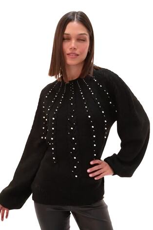 Roman Black Graduated Faux Pearl Cable Knit Jumper - Image 2 of 6