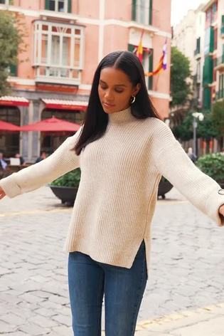 Sosandar Cream High Neck Folded Button Cuff Jumper - Image 2 of 6