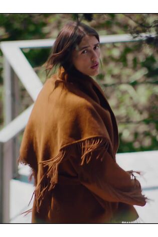 Tan Brown N.Premium Handsewn Fringe Scarf Coat With Wool - Image 2 of 8