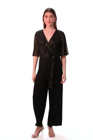 Roman Black Sequin Flutter Sleeve Stretch Jumpsuit - Image 2 of 6
