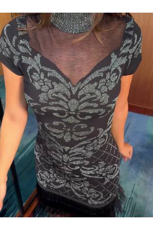 Lipsy X Samie Elishi Black Lurex Detail Tassel Fringe Short Sleeve Knit Mini Dress - Image 2 of 6